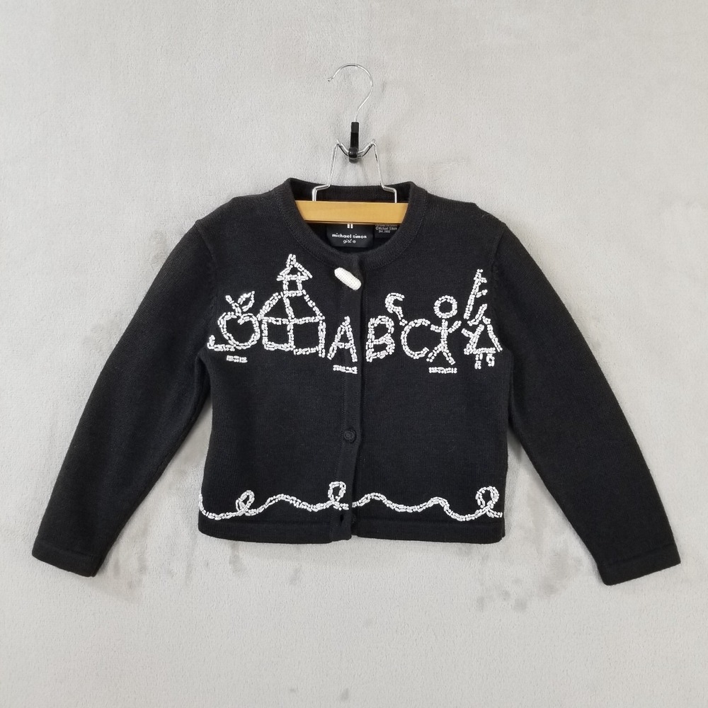 Vintage‎ Michael Simon Sweater Girls 4 Black Beaded Alphabet School Apple 2002